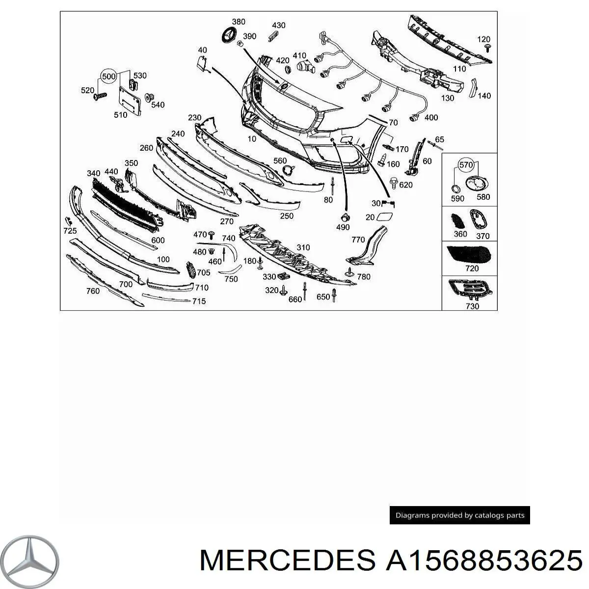 Молдинг бампера переднього, праве Mercedes A1568853625 ціна, від 95.73 USD
