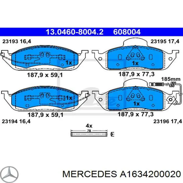 Гальмівні колодки Mercedes A1634200020 ціна, від 32.88 USD