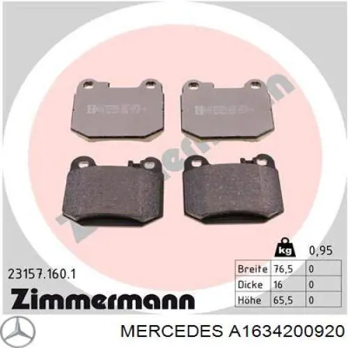 A1634200920 Mercedes Колодки гальмівні задні, дискові