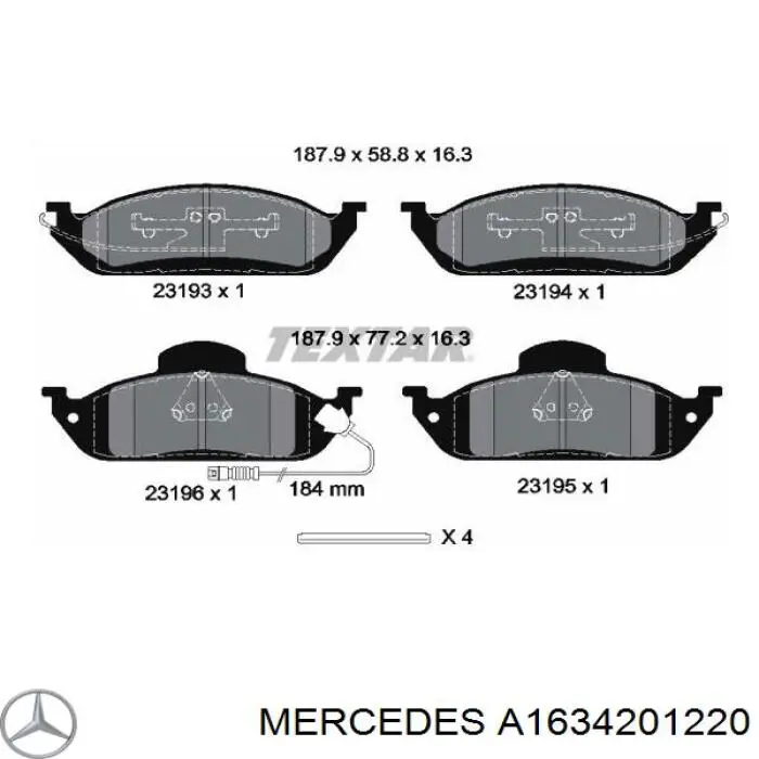 Купити A1634201220 Mercedes Колодки гальмівні передні, дискові