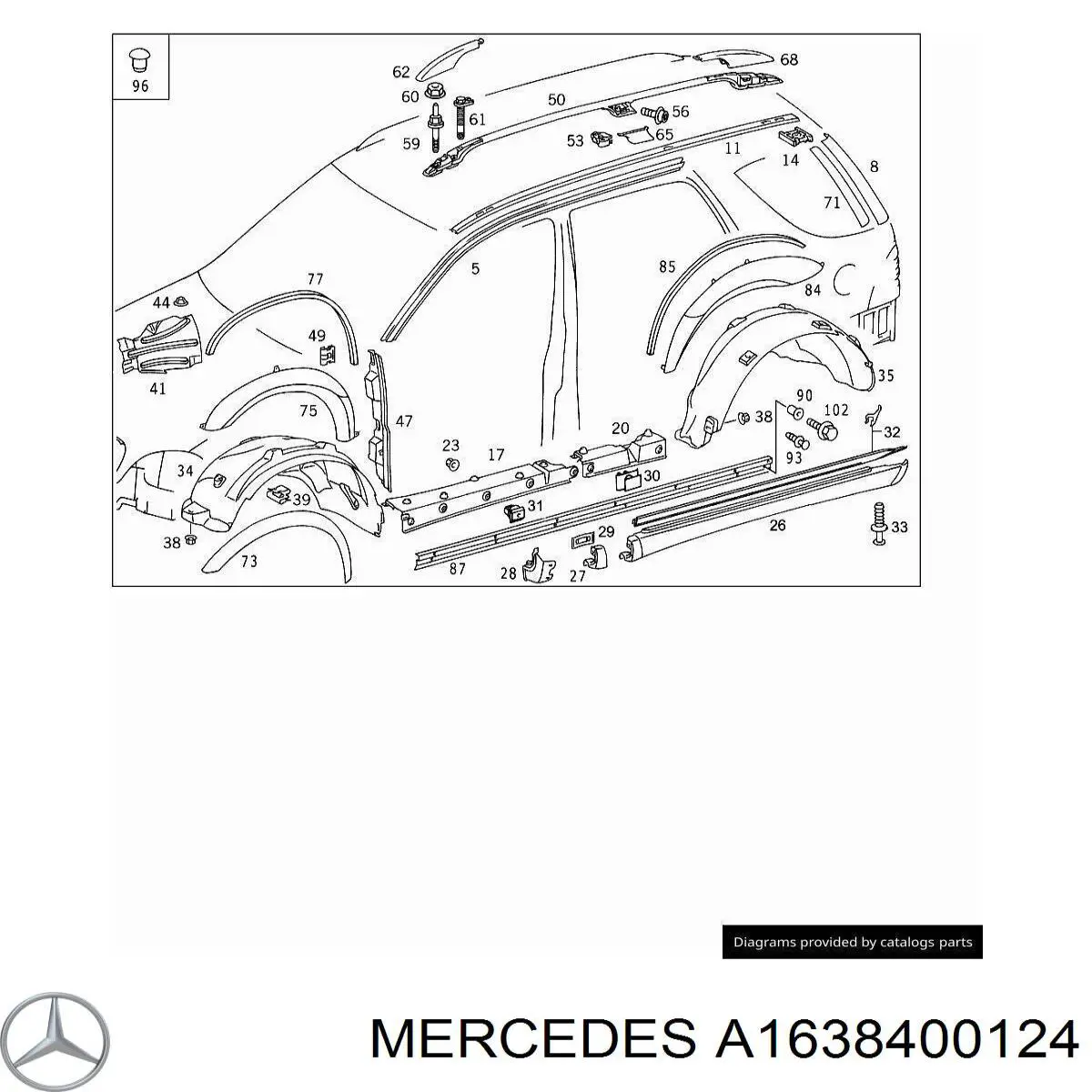 Рейлінг даху лівий на Mercedes ML/GLE (W163)