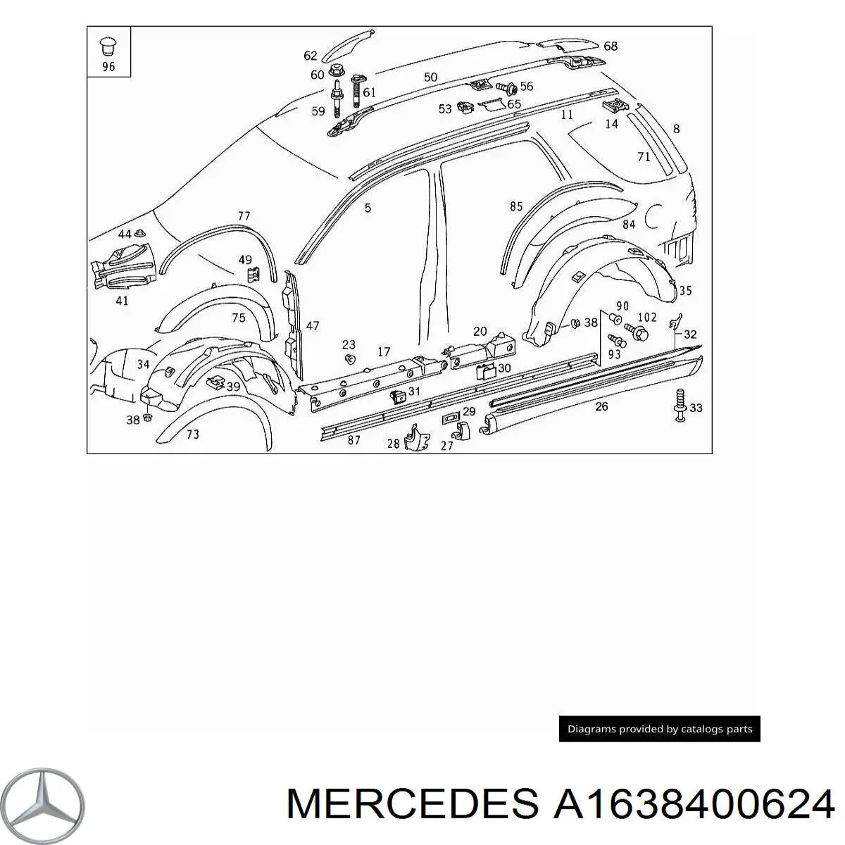 Рейлінг даху правий на Mercedes ML/GLE (W163)
