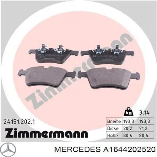 Купити A1644202520 Mercedes Колодки гальмівні передні, дискові
