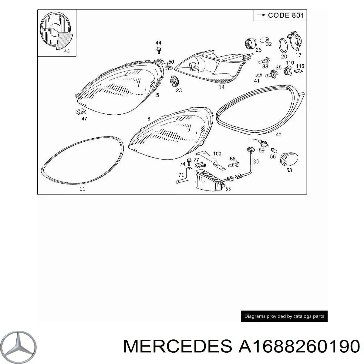 Скло фари лівої Mercedes A1305615301 ціна, від 73.19 USD