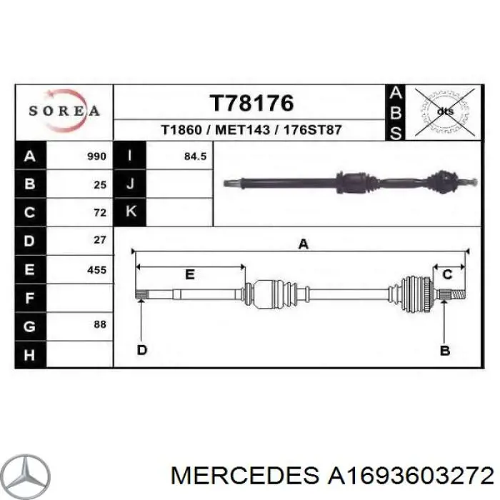 A1693607072 Mercedes Привід передній правий