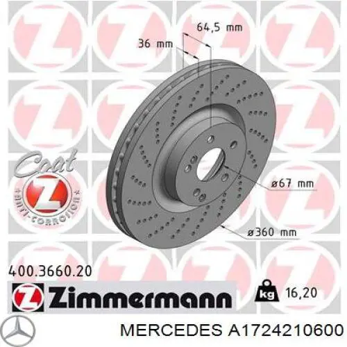 Диск переднього гальма Mercedes A1724210600 ціна, від 148.34 USD