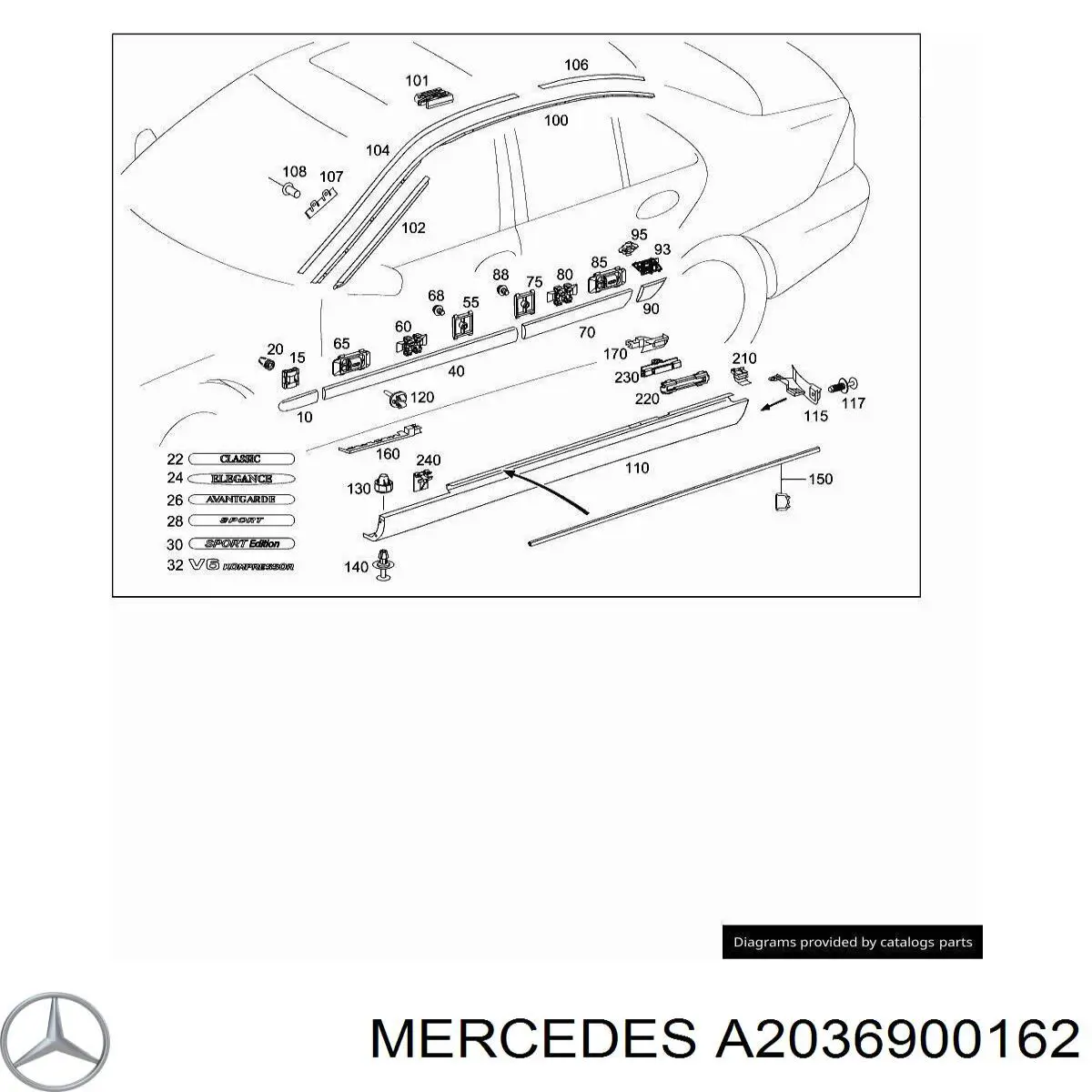 Купити A2036900162 Mercedes Молдинг переднього лівого крила