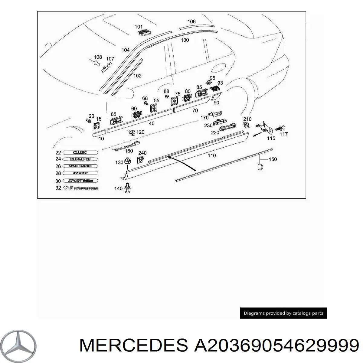 Молдинг заднього правого крила Mercedes A20369054629999 ціна, від 10.13 USD