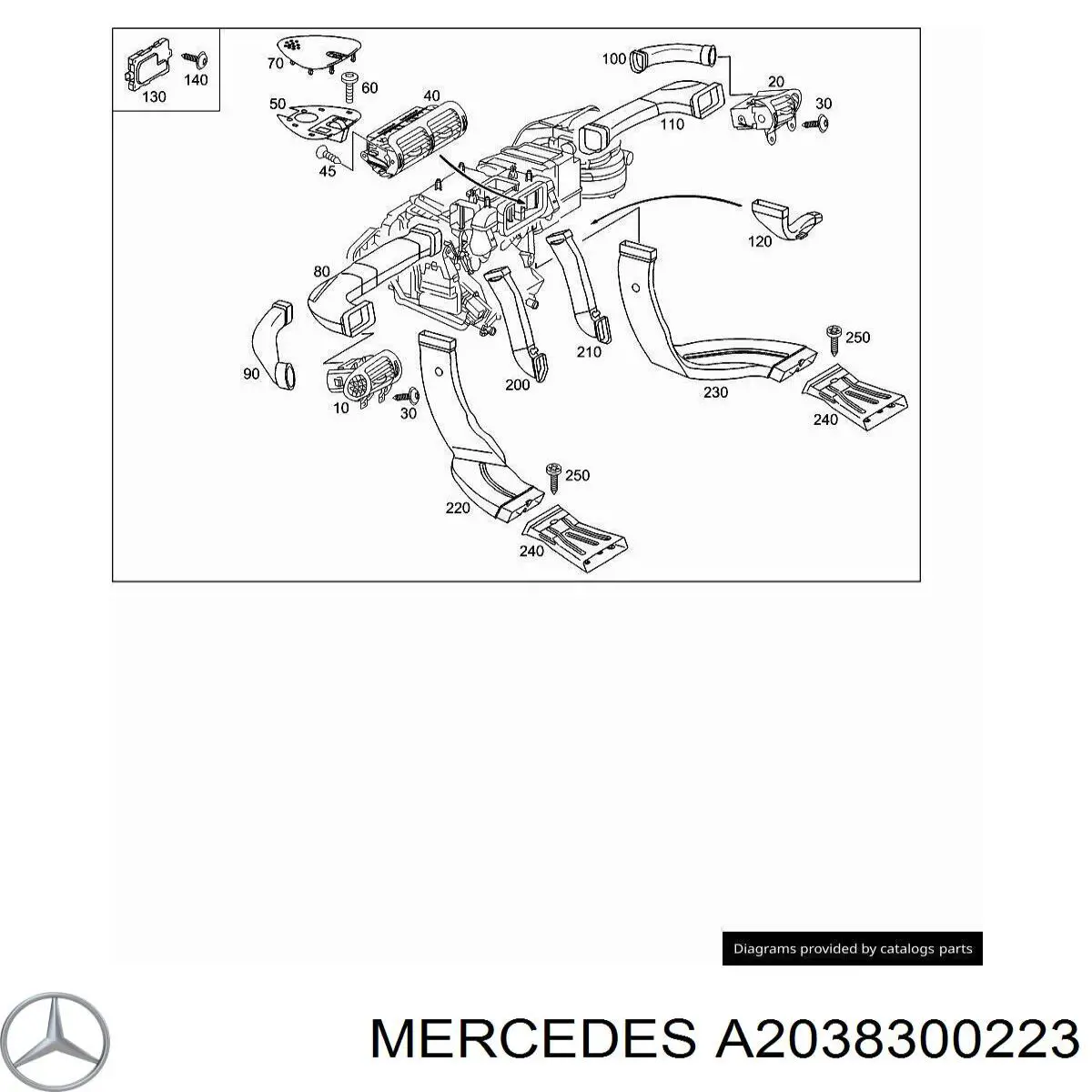 Повітропровід, розподільник повітря на консолі, центральний A2038300223 Mercedes