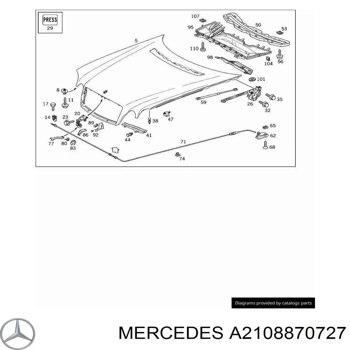Язичок відкривання капота на Mercedes E (S210)