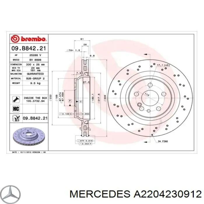 A2204230912 Mercedes диск гальмівний задній