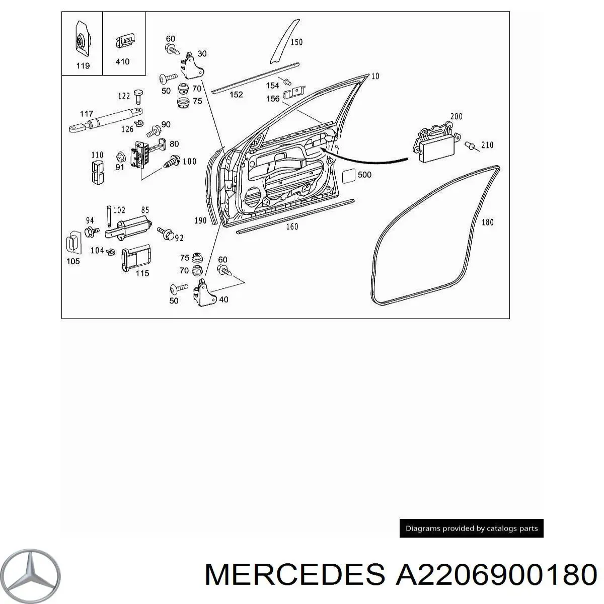 Купити A2206900180 Mercedes Ущільнювач скла передніх дверей лівих, зовнішній (планка)