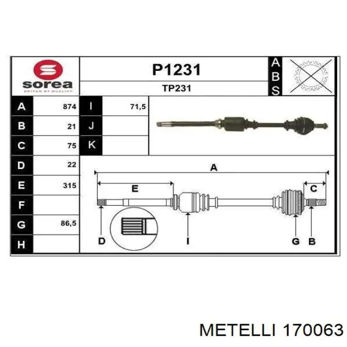 Піввісь передня, права Metelli 170063 ціна, від 74.13 USD