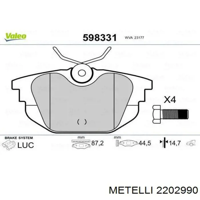 Задні дискові колодки Metelli 2202990