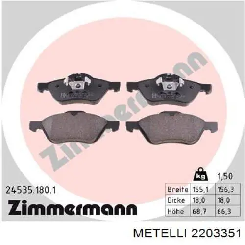 Передні тормозні колодки 2203351 Metelli