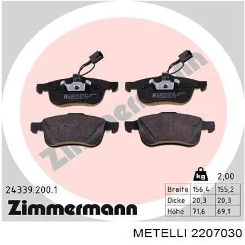 Купити 2207030 Metelli Колодки гальмівні передні, дискові