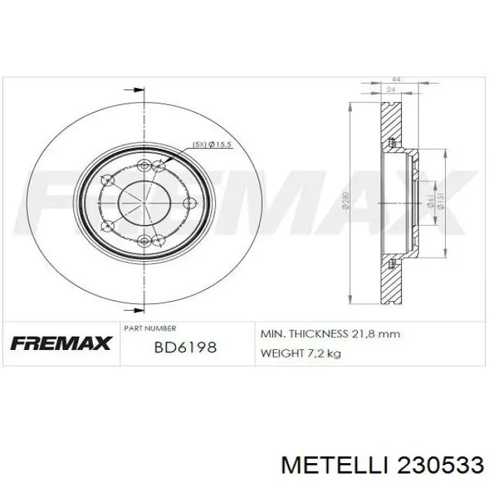 Диск переднього гальма Metelli 230533 ціна, від 40.52 USD