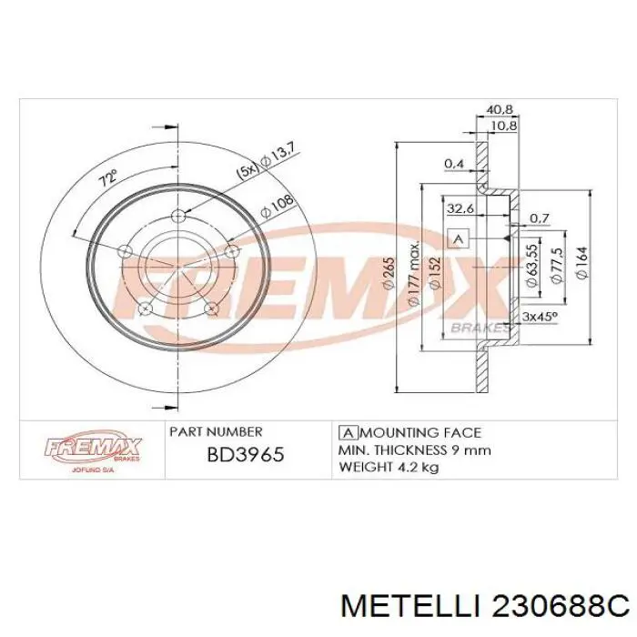 Купити 230688C Metelli Диск заднього гальма