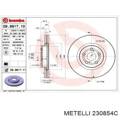 Гальмівні диски передні 230854C Metelli