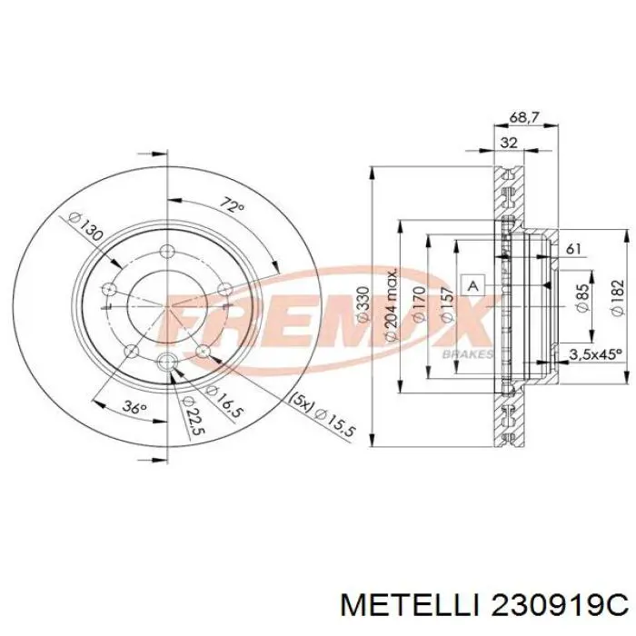 Диск переднього гальма Metelli 230919C ціна, від 86.58 USD