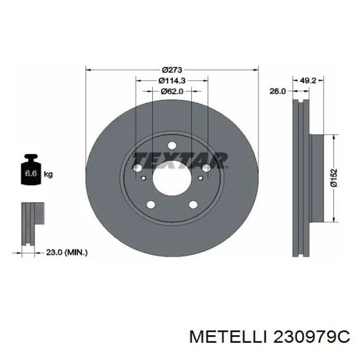 Диск гальмівний передній 230979C Metelli