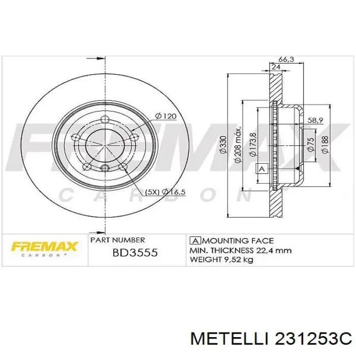 Диск переднього гальма Metelli 231253C ціна, від 93.89 USD