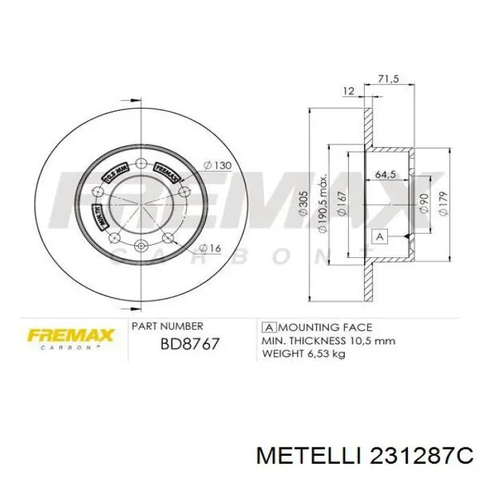Купити 231287C Metelli Диск заднього гальма