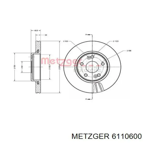 6110600 Metzger диск гальмівний задній