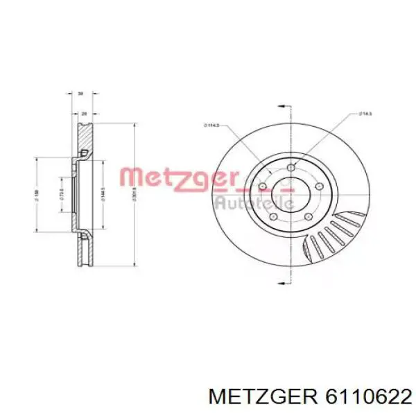 Диск гальмівний передній 6110622 Metzger