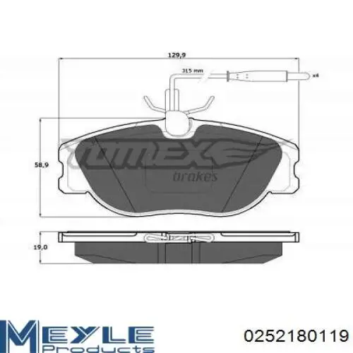 Колодки гальмівні передні, дискові 0252180119 Meyle