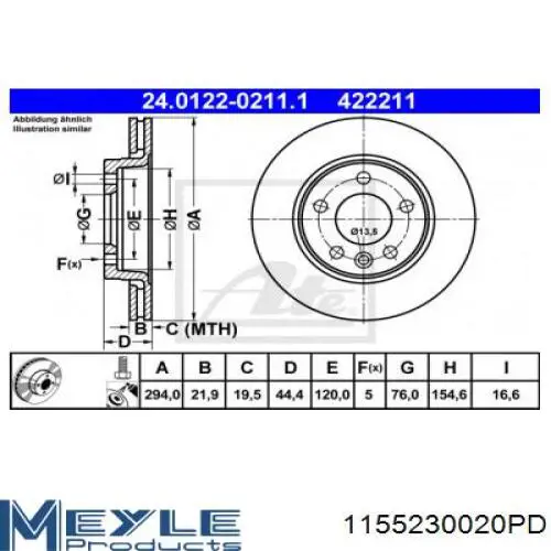 Задні дискові гальма Meyle 1155230020PD ціна, від 50.83 USD