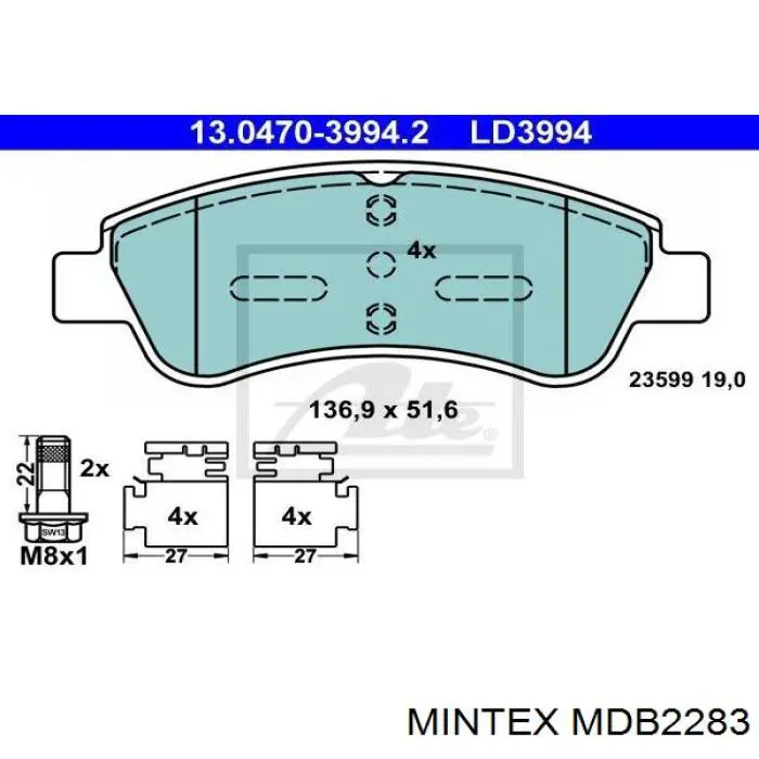 Купити MDB2283 Mintex Колодки гальмівні передні, дискові