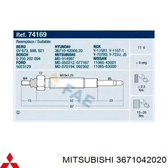 3671042020 Mitsubishi свічка накалу