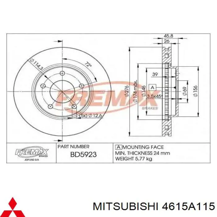4615A115 Mitsubishi Гальмо дискове переднє