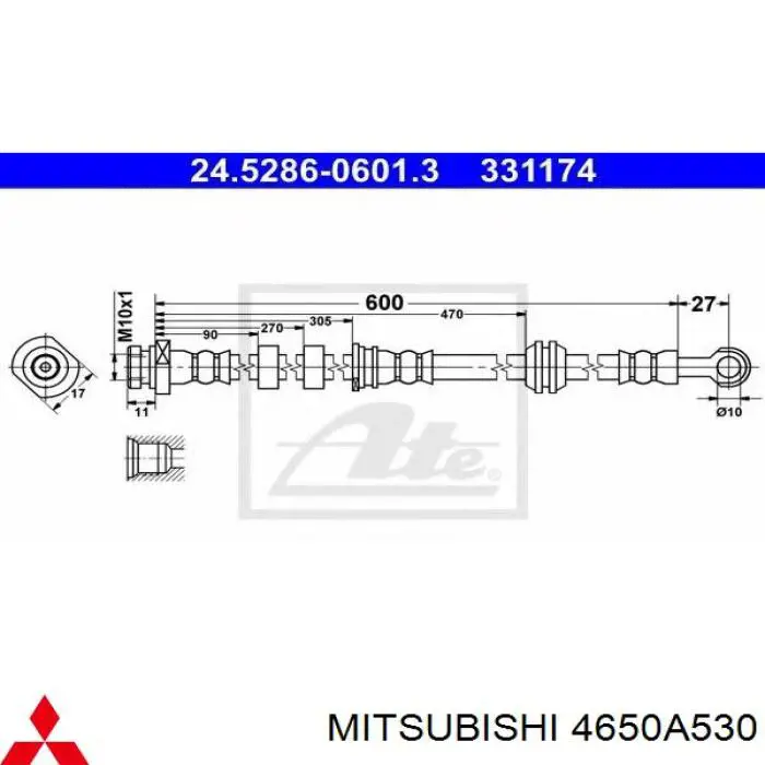 Шланг гальмівний передній, правий Mitsubishi 4650A530 ціна, від 12.31 USD