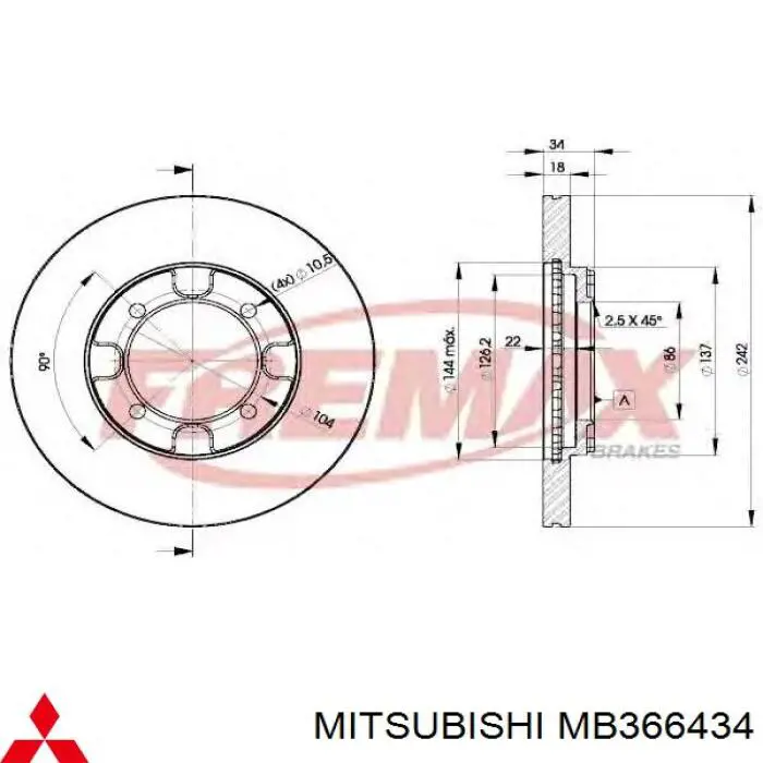 Диск переднього гальма Mitsubishi MB366434 ціна, від 27.17 USD