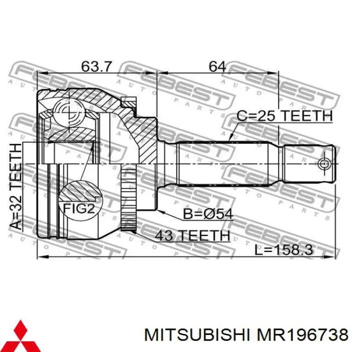 MR196738 Mitsubishi піввісь (привід передня, права)