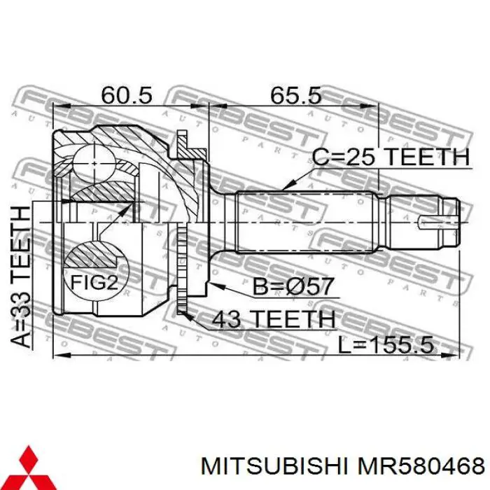 MR580468 Mitsubishi піввісь (привід передня, права)