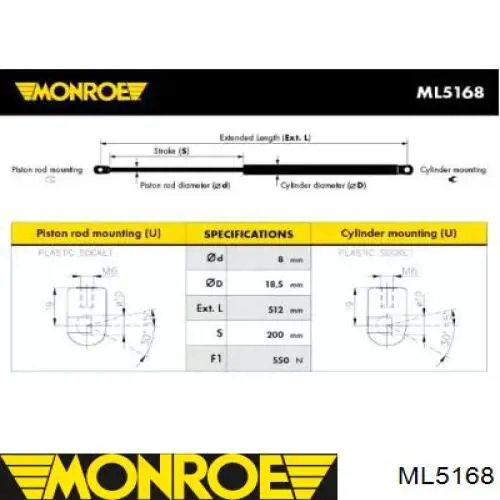 ML5168 Monroe амортизатор кришки багажника/ двері 3/5-ї задньої