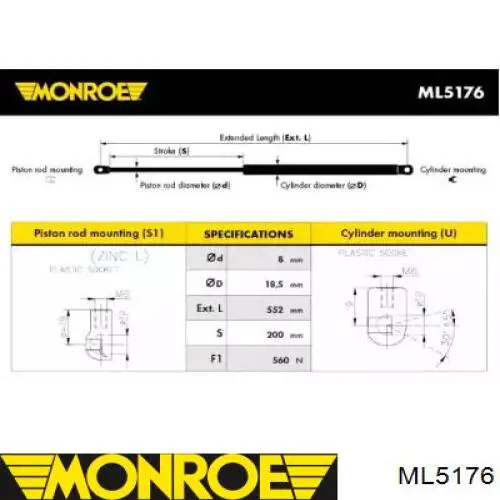 ML5176 Monroe амортизатор кришки багажника/ двері 3/5-ї задньої