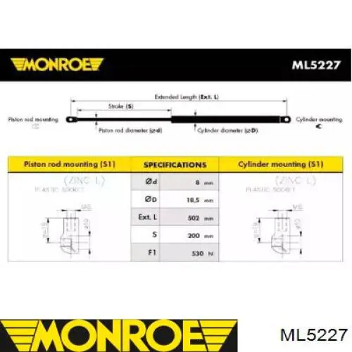 Амортизатор двері задньої Monroe ML5227 ціна, від 8.37 USD