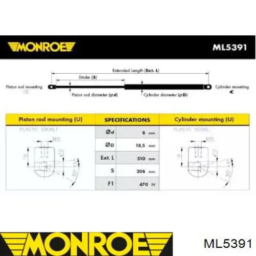 ML5391 Monroe амортизатор кришки багажника/ двері 3/5-ї задньої