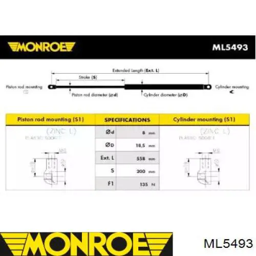 ML5493 Monroe амортизатор кришки багажника/ двері 3/5-ї задньої