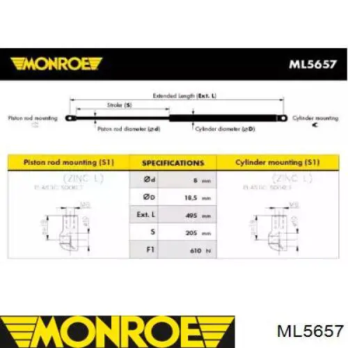 ML5657 Monroe амортизатор кришки багажника/ двері 3/5-ї задньої