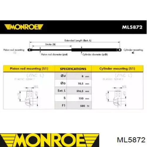 ML5872 Monroe амортизатор кришки багажника/ двері 3/5-ї задньої