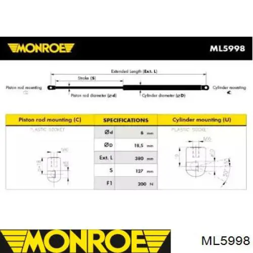 ML5998 Monroe Амортизатор скла задньої, 3/5-ї двері (ляди)