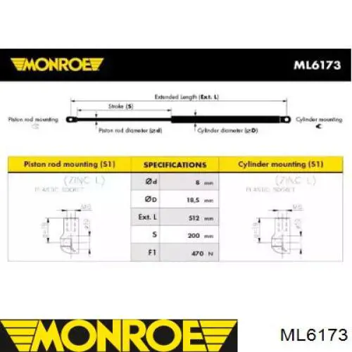 Амортизатор кришки багажника/ двері 3/5-ї задньої ML6173 Monroe