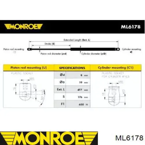 Амортизатор кришки багажника/ двері 3/5-ї задньої ML6178 Monroe