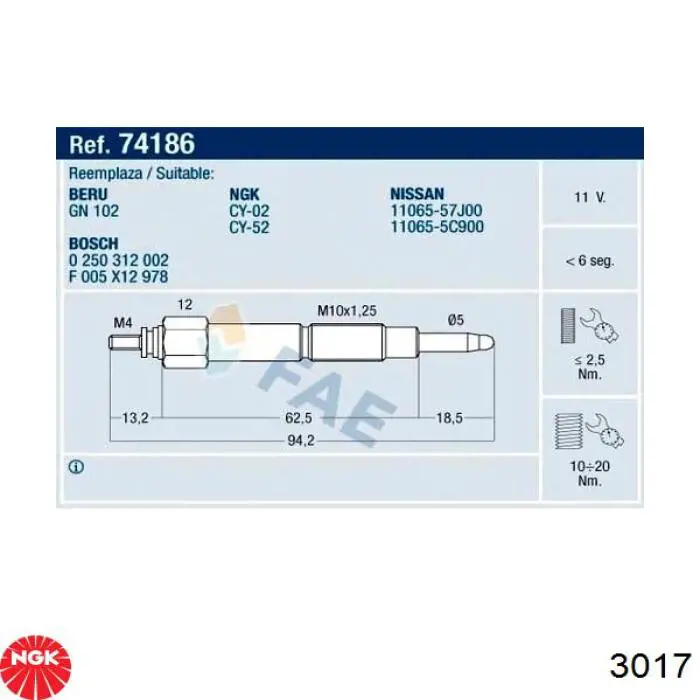 Свіча накалу NGK 3017 ціна, від 6.50 USD