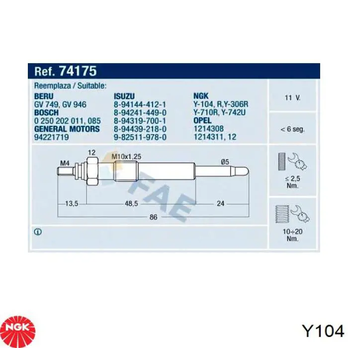 Y104 NGK свічка накалу